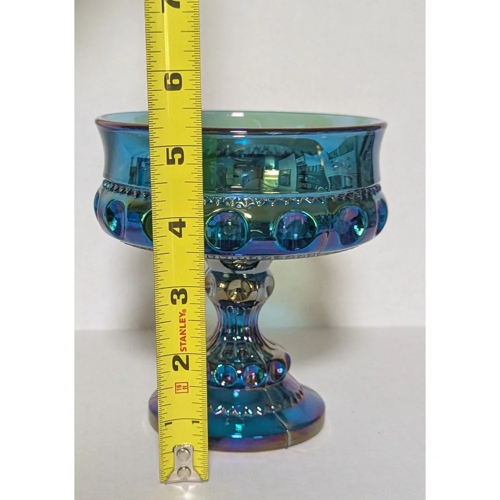 Vintage Indiana Glass King's Crown Blue Carnival Glass Compote Thumbprint 5.75